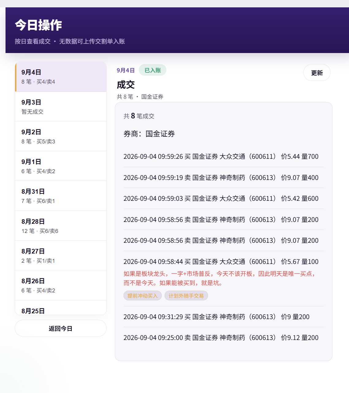 今日操作成交列表